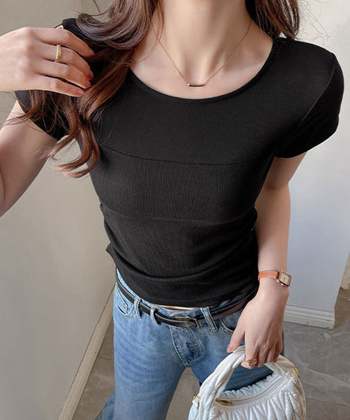 リブTシャツ 異素材切り替えカットソー レディース クルーネックt 大人可愛い 着回し 半袖カットソー おしゃれプルオーバー カジュアルtシャツ ベーシック通勤 617SY-007